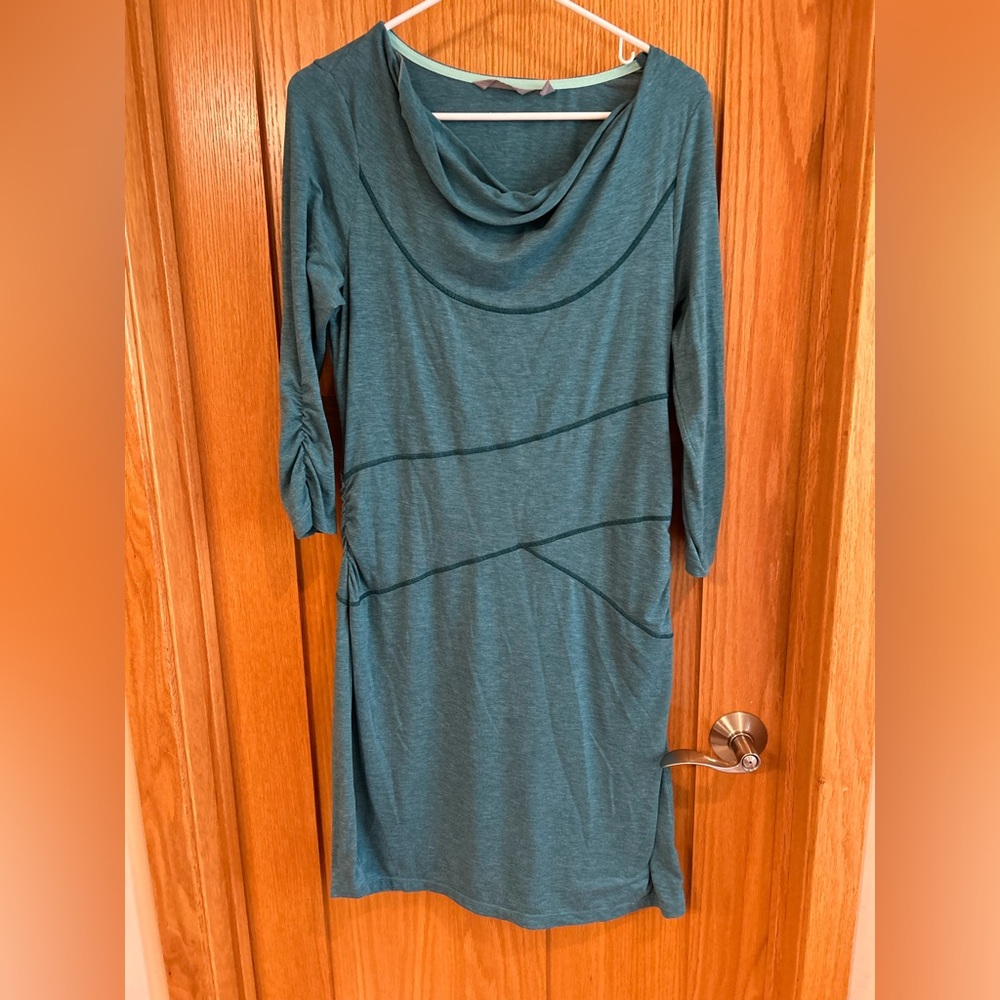 Athleta Ukiah Cowl Neck Geometric Midi Dress Ruched Teal M